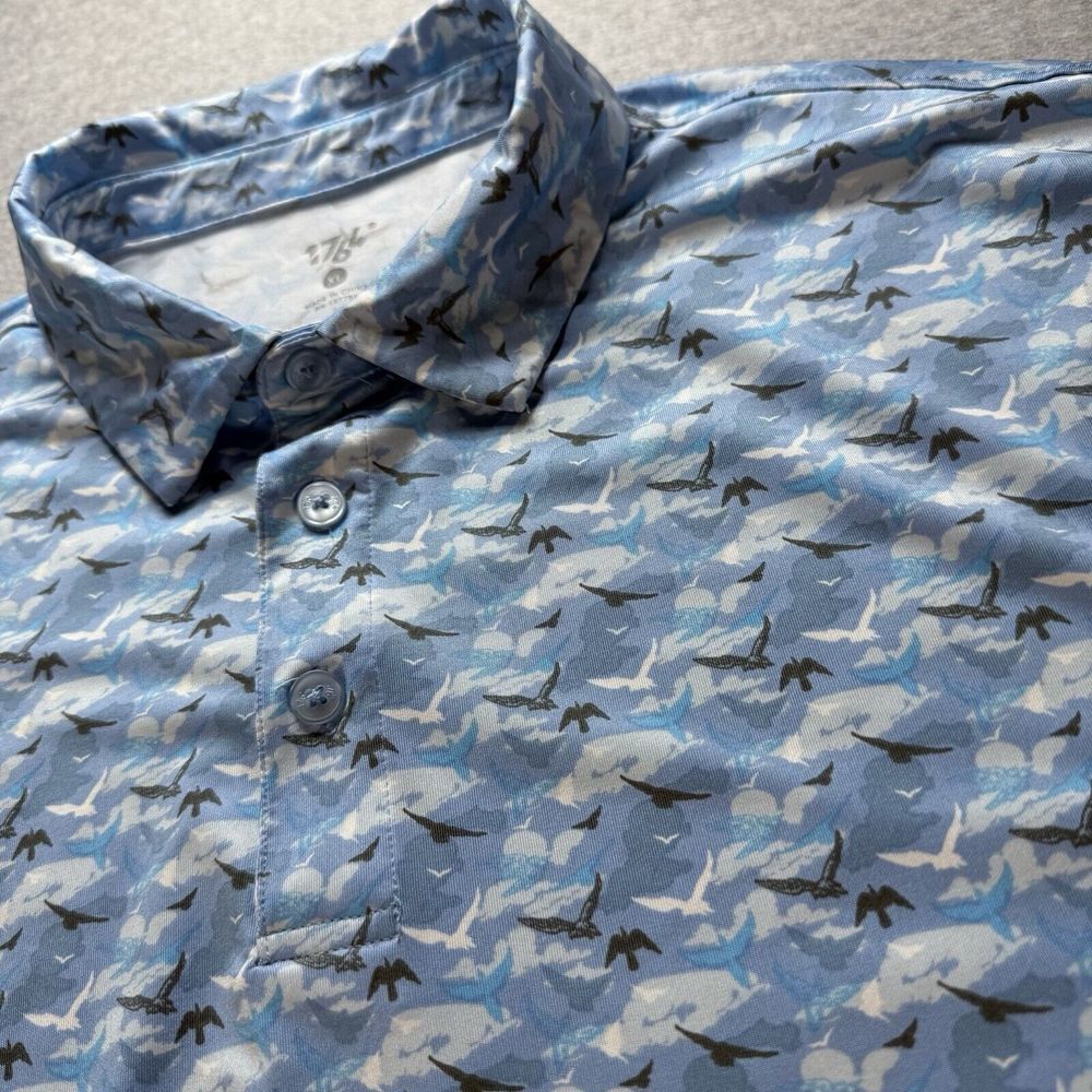 1764 Golf Performance‎ Polo Shirt Mens XL All Over Print Blue Birds Stretch